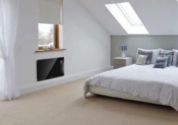 an attic room with a heating device